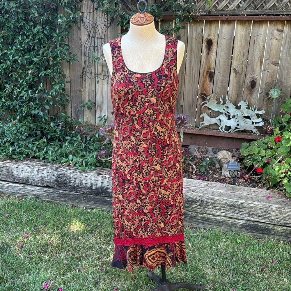 Ombre Paisley Crochet Long Red & Gold Sleeveless Maxi Dress Women's size 8